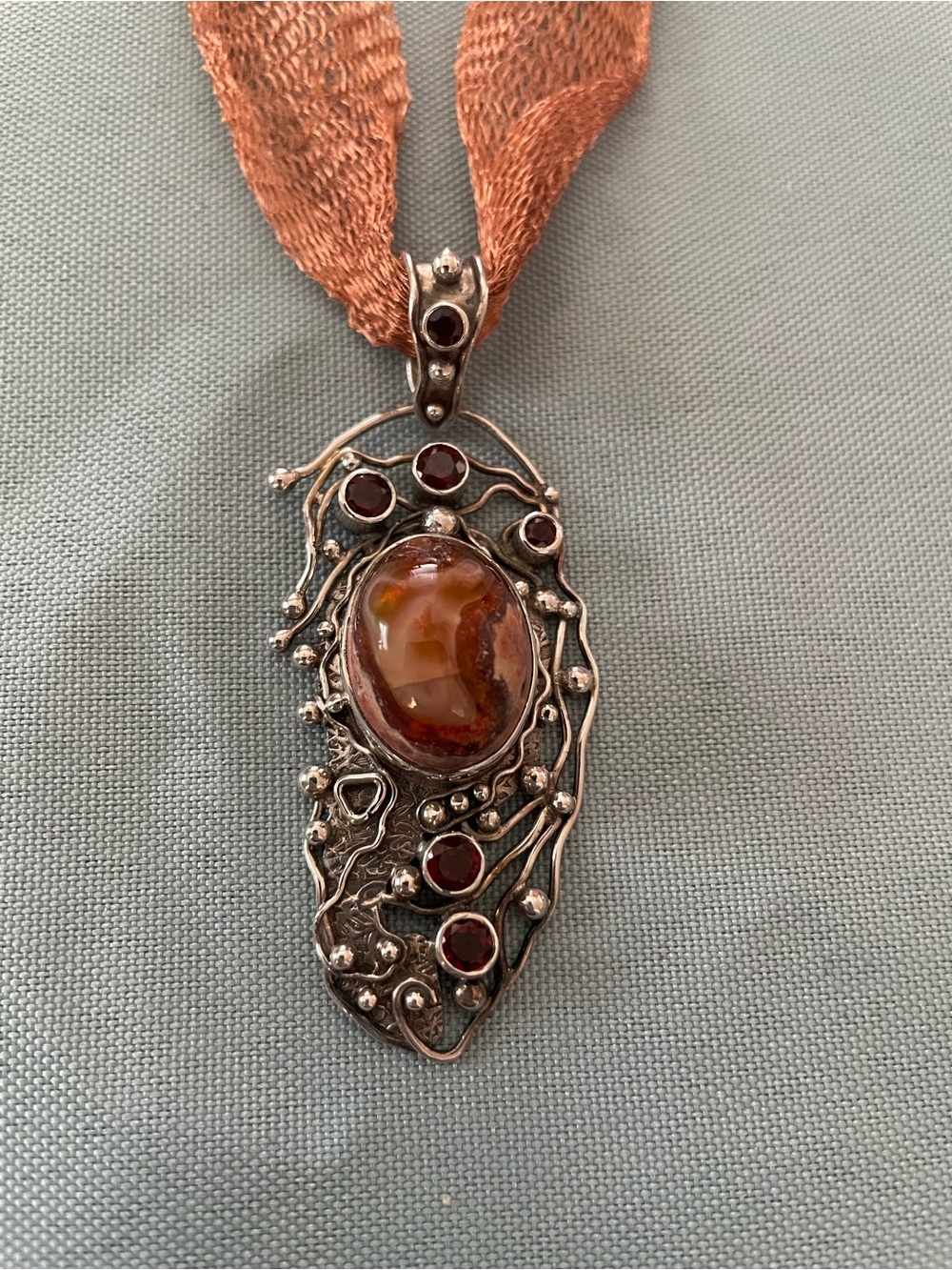 Artisan Amber and Garnet Silver Pendant Necklace - Women Jewelry